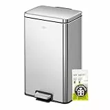 EKO Madison Mülleimer Küche 30L, Abfalleimer mit herausnehmbarem Inneneimer, Soft Closing Deckel, fingerabdruckresistent, Edelstahl, rechteckiger Tretmülleimer, inklusive 20 Müllsäcke