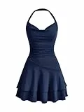 SweatyRocks Damen Minikleid A Linie Kleid Neckholder Kleider mit Rüschen Ärmelloses Mehrschichtiges Kleid Freizeitkleid Dunkelblau XS