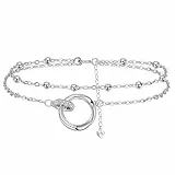 J.MUEN Fußkettchen Silber 925 für Damen,Doppelring Fußkette für Sommer Strand Schmuck Geschenk für Frauen Mädchen, Verstellbare Fußkette 22+4cm
