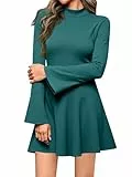 Wenrine Damen-Minikleid mit langen Glockenärmeln, lässiger Stehkragen, Rüschensaum, schmale Passform, Herbst-Strickkleid, Dunkelgrün, X-Groß