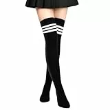 Aomig Damen Overknees Strümpfe, 1 Paar Warm Halten Einfarbig Gestreifte Lange Kniestrümpfe Mädchen, Lässige Kniehohe Socks für den Alltag, Weihnachten und Halloween Cosplay（Schwarz Streifen）