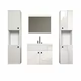 trendteam smart living Haven Badmöbel-Set Weiß/Weiß Hochglanz Lackiert 142 x 133 x 40 cm Waschbeckenschrank Hängend Inklusive Keramik-Einsatzwaschbecken 2 Hochschränke 1 Spiegel