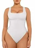 FeelinGirl Shapewear Damen Body Quadratischer Ausschnitt Bauchkontrolle Body Shaper Nahtloses Tank-Top Tanga-Bodys (Weiß, 3XL/4XL)