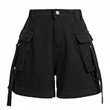 FYMNSI Kurze Hosen Damen Sommer Cargo Shorts Milit?r Casual Elastische Taille Freizeithose mit Taschen Hotpants Baumwolle Outdoorhose Arbeitshose Jeans Bermuda Shorts Outdoor Wandern Short Schwarz XL