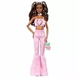 Barbie Deluxe Style-Puppe Nr. 12 in rosa bauchfreiem Denim-Oberteil mit passenden ausgestellten Jeans mit aufgedruckten Rosen, Zubehörteile wie Rosen-Handtasche und Schmuck, JJN72