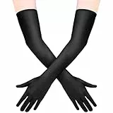 Quelcc Schwarz Lang Handschuhe, 1 Paar Damen Elegant Satin Classic für Frauen Mädchen Halloween Karneval Fasching Fest Party Kostüm