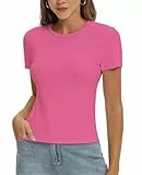 Damen Basic T-Shirt Y2K Slim Fit Oberteile Elegant Stretch Unterziehshirt Einfarbiges Top(Neon Pink-F1,XS)