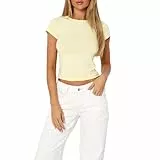 Damen Kurzarm Shirt Slim Fit Basic T-Shirt Sommer Oberteil Bluse Hellgelb-B S