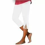 Generisch Leafigure Leggings Damen High Waist Leggings Baumwolle Damen Dreiviertel Hose Damen Sporthose Damen Lang Leichte Sommerhose Damen Sommerhose Damen Leicht Activewear-Hosen Weiß XL