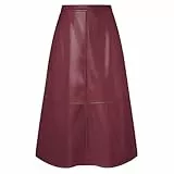 Kate Kasin Damen Lederrock High Waist Faux Leder Rock PU Midi Röcke A-Linie Winterrock Verdicktem Warm Elegant Wein XL