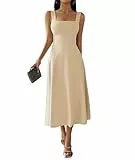 xxxiticat Damen Elegant Midi Kleid 2024 Lässig Ärmellos Viereckiger Ausschnitt A-Linie Cocktail Party Kleid(AP,M)