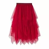 Damen Tüllrock Ballerina - Hochtaillierter A-Linie Midirock mit Plissee & Volant, Mehrschichtiger Unregelmäßiger Tuellrock mit Unterrock für Abschlussball & Party(Rot, Einheitsgröße)