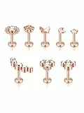PiercingJak 8er 16Ga Helix Piercings Rosegold Chirurgenstahl Ohrstecker Labret Tragus Knorpel Ohrringe mit Blume Schmetterlinge Mond Stern Kugel CZ Ohr Piercing Stecker Stäbe 6mm Punk Schmuck