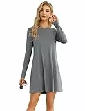 Clearlove Damen T-Shirt Kleid Casual Tunika Swing Kleid A-Linie Langarm Rundhals Freizeitkleid (Verpackung MEHRWEG), C-Hellgrau, XL