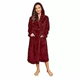 HEARTNICE Bademantel Damen Kapuze flauschiger Bademäntel Fleece Kuschel Bademantel Plüsch Morgenmantel Hausmantel (Weinrot, L/XL)