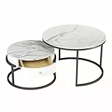 Soayone Wohnzimmertisch Rund, Couchtisch mit Schublade, Couchtisch Marmor Optik, Satztische fürs Wohnzimmer, Couchtische Weiß, Wohnzimmer Tisch für Couch Φ 70 cm & Φ 50 cm