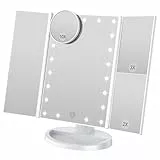 WEILY 3 Seiten Kosmetikspiegel mit 21 LED Beleuchtungen, 1X/ 2X/ 3X Vergrößerung, Touch-Schalter, dimmbar Makeup-Spiegel,180 Grad frei drehbare Tischspiegel, wiederaufladbare Schminkspiegel (Weiß)