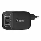 Belkin 65-W-USB-C-Ladegerät mit 2 Ports, Schnellladen mit Power Delivery 3.0 und GaN-Technologie für MacBook Pro, iPhone 17, iPhone Air, iPad, Galaxy S25, Pixel 10, Laptop, usw - Schwarz