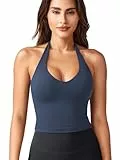 ZAAYO Halter Neckline Tank Top Damen Tiefer V Gepolsterte Crop Top Damen Sport Tops Sommer Basic Sexy Ãrmellose Sommer Oberteile Navy M