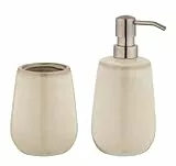 WENKO Seifenspender Mod. Sirmione freistehendes Bad-Accessoire Set aus Keramik beige mit Zahnputzbecher für Badezimmer Ø 8 x 17,5 cm 0,43 l