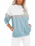 TICTICMIMI Lässige Damen-Sweatshirts mit Langen Ärmeln, Farbblock/einfarbig, Rundhalsausschnitt, niedlich, lockere Passform, Pullover mit Taschen, A-blau, L