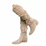 shownicer Stiefel Damen Bequeme Wildleder Elegant Absatz Westernstiefel Runde Zehen Hohe Einfarbige Langschaft Boots Damenstiefel A Beige 40