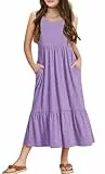 Haloumoning Mädchenkleider Sommer Ärmelloses Kleid Rundhals Tanktop Kleid Kinder Langes Freizeitkleid Sundress, Violett, 12-14 Jahre