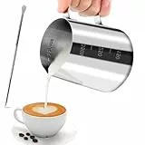 JOPHEK Milchkännchen, Handheld Edelstahl Aufschäumkännchen, Kaffee Creamer Milch Aufschäumer Kännchen Tasse mit Messung Mark und Latte Art Pen, Milchkännchen Perfekt für Barista Espresso Latte (350ml)
