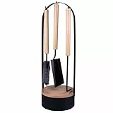 raik Kaminbesteck Valentin 4-teilig aus Stahl und Holz schwarz 61 cm mit Schürhaken, Kaminschaufel, Kaminbesen und Vorratsbox für Anzünder modernes Design für Kaminofen oder Kamineinsatz