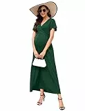 KOJOOIN Damen Umstandskleid V-Ausschnitt Langes Stillkleid Kurzarm Elegant Falten Schwangerschaftskleid Dunkelgrün(Kurzarm) S