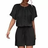 GOTOTOP Damen Lose Kurz Jumpsuit Elegant Sommer Strampler Kurzarm Shorts Rundhalsausschnitt Knopfleiste Overall mit Taschen und Kordelzug(XL-Schwarz)
