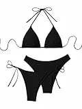 GORGLITTER Damen 3 Stück Bikini Sets Neckholder Bikini-Sets Swimwear Dreiteilige Swimsuits Triangle Rückenfrei Bikinis Bikinihose mit Schleifen Schwarz S