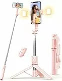 Selfie Stick mit Fülllicht, 114 cm Smartphone Stativ mit Fernauslöser Kompatibel mit iPhone 15/14/13/12/11 Pro/Max/Plus, Huawei, Xiaomi(Rosa)