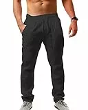 AUDATE Herren Leinenhose Freizeithose Strandhose Sommerhose Baumwolle Hose Schwarz XXL