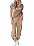 Tankaneo Gestreiftes Damen-Pullover-Set, Strick-Sweatanzug, kurzärmelig, zweiteilig, Bekleidungsset, Trainingsanzug, Hellkhaki, XL
