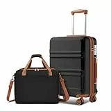 KONO 55cm Handgepäck-Koffer Trolley Set 2 Teilig Gepäcksets, Kleiner Koffer mit Rollen Handgepäck Set mit Ryanair Reisetasche 40x30x20cm, Schwarz/Braun