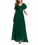 ECDAHICC Damen Abendkleider Gürtel V-Ausschnitt Hohe Taille A-Linie Chiffon Brautjungfernkleid Elegant Lang Ballkleid(GR,2XL)