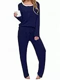 Aseniza Pyjama Damen Schlafanzug Lang Baumwolle Winter Set Schlafanzüge für Damen Hausanzug Kuschelig Pijamas Teenager Mädchen Nachtwäsche mit Bündchen Warmer Schlafanzughose Marineblau, M