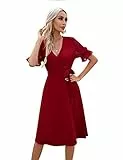 KOJOOIN Sommerkleid Damen V-Ausschnitt Kurzarm Kleider Casual Midikleid A-Linie Wickelkleid Hochzeit Festlich mit Gürtel Winerot M （Verpackung MEHRWEG）