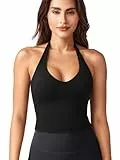 ZAAYO Halter Neckline Tank Top Damen Tiefer V Gepolsterte Crop Top Damen Sport Tops Sommer Basic Sexy Ãrmellose Sommer Oberteile Schwarz M