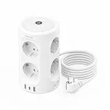 Mehrfachsteckdose 8 Fach mit Nachtlicht und USB C, Steckdosenleiste mit Einzelnen Schalter, 2M Verlängerungskabel Verteilersteckdose, mit Überspannungsschutz, Steckdosenturm Weiß