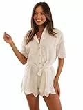 Canli4Y Kurzes Jumpsuit Damen Kurzarm Spitzen Besticktes Baumwoll Blusen Overall Frühling Sommer Urlaub Playsuit Elegant Festlich Hosenanzug Weiß L