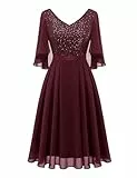 Dressystar Damen Elegant Cocktailkleid V-Ausschnitt Spitzenkleid mit Pailletten Knielang A-Linie Party Abendkleider Burgunderrot L