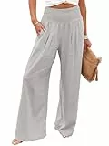 Imuedaen Leinenhose Damen Sommer Hose Casual Leinen Leicht Hosen Weites Bein Palazzo Freizeithose Hohe Taille Einfarbig Sommerhose Stoffhose mit Taschen (Grau, L)