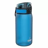 ion8 Kinder Trinkflasche, 350ml, Auslaufsicher, Einhandöffnung, Sichere Verriegelung, Spülmaschinenfest, BPA-frei, Tragegriff, Klappdeckel, Leicht zu Reinigen, Klimaneutral, Blau