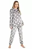 CityComfort Schlafanzug Damen Lang mit Kapuze, Pyjama Damen Set aus Flauschigem Fleece, Geschenke für Frauen & Teenager (Grauer Stern, L)