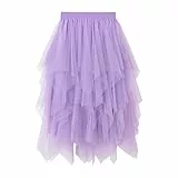 Damen Tüllrock Ballerina - Hochtaillierter A-Linie Midirock mit Plissee & Volant, Mehrschichtiger Unregelmäßiger Tuellrock mit Unterrock für Abschlussball & Party(Lila, Einheitsgröße)