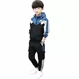 linboo Kinder Trainingsanzug Jungen Sport Set 2tlg Jogging Bekleidungsset Sportanzug Freizeitanzug Langen ärmeln Sweat-Jacke mit Kapuze + Sporthose, Blau, 116-122(Herstellergröße: 120)