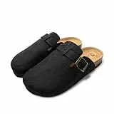 JOMIX Warme Hausschuhe Damen Pantoletten mit Verstellbare Schnalle Geschlossen Gefüttert Wildleder Kork Fußbett Gartenschuhe Bequeme Flach Elegant Clogs (MD2438, Schwarz, 41 EU)