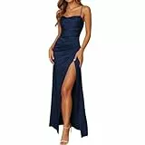 Ballkleider Damen Lang – Abendkleider Elegant für Hochzeit & Gala, Satin Kleid Lang Abschlusskleid, Brautjungfernkleid Trauzeugin Kleid – Wedding Guest Dress,011 Marine,S